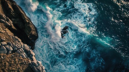 Obraz premium Beach and waves from top view. Turquoise water background from top view. Summer seascape from air. Top view. Travel concept and idea
