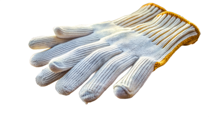 a pair of white, knitted gloves with a ribbed pattern on the back and a smooth palm side. The cuffs of the gloves feature an elastic ribbed wristband with a yellow border