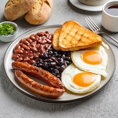 Full fry up English breakfast with fried eggs, sausages, bacon, black pudding, beans, toasts and tea on gray concrete background