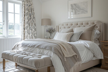 White Coastal Cottage Bedroom Decor, Interior Design and Home Decor, Bed with Elegant Linens and Custom Furniture