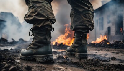 close-up of soldier's boots walking on the ground, in the background there is smoke and fire, destruction, puddles and dirt