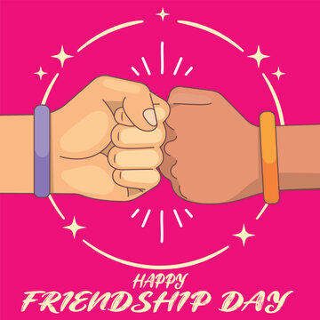 Happy Friendship day colorful typography vector illustration with cute hearts and friendship elements on a blue background. Friendship day poster, banner, greeting card template design.
