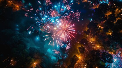 Aerial view of a bustling park filled with people watching colorful fireworks explode in the night sky - Powered by Adobe