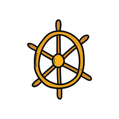 Hand-drawn cartoon ship helm on white background.