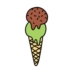 Hand-drawn cartoon ice cream in waffle cone on white background.