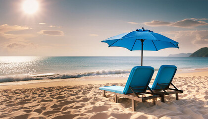 Two blue beach chairs with matching umbrella on sandy beach, with ocean waves and copy space