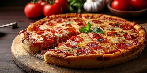 Chicago deep dish Italian cheese pizza with tomato sauce, Generative AI