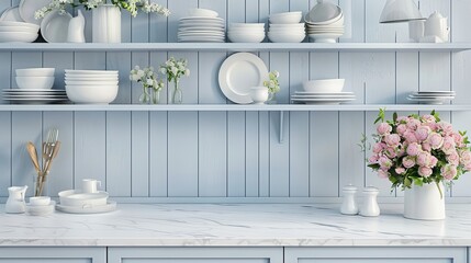 Blue kitchen cabinets with marble countertop and white walls 