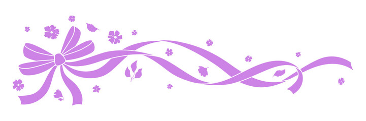 Ribbon with bow and flowers. Beautiful decorative natural plants and leaves.