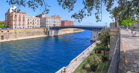 Taranto cityscape: view of the Ponte Girevole (swing bridge) in Apulia, Italy.