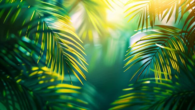 trendy summer Bali style floral patter background with copyspace , colorful leaves palm shape art wallpaper, Summer colors botanical tropical leaves ,sun light and shadows, pink, yellow leaf 