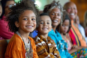 A Moment of Joy and Togetherness: A Young Girl Smiles Brightly Amongst a Group of Children in a Colorful Setting