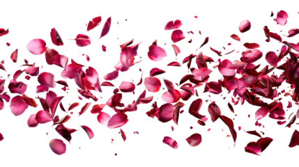 Falling red rose petals isolated on transparent background. Beauty roses petal, applicable for design of greeting cards on March 8 and St. Valentine's Day