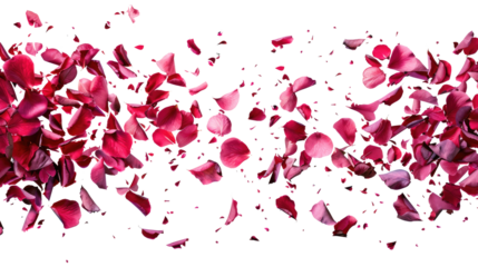 Falling red rose petals isolated on transparent background. Beauty roses petal, applicable for design of greeting cards on March 8 and St. Valentine's Day