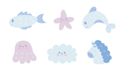 Obraz premium Set of cute kawaii animals in hand draw flat style. Fish,cloud, star, octopus, dolphin,unicorn isolated on white background. Vector illustration.Cartoon baby animal character design. Pastel colors.