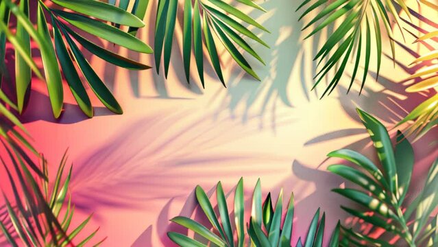 trendy summer Bali style floral pink pattern background with copyspace , colorful leaves palm shape art wallpaper, Summer colors botanical tropical leaves ,sun light and shadows, green leaves 