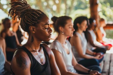 Fototapeta premium A Moment of Tranquility: A Woman With Dreads Practices Mindfulness in a Group Meditation Session