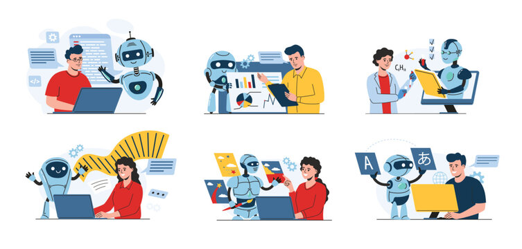 Ai work assistant. Bots helps people with programming, data analytics, scientific research, creative writing, generative art and language learning vector illustration set.