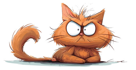 A cartoon cat with orange fur sits with a grumpy expression on its face