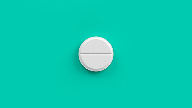 White single pill isolated on a turquoise background. Tablet, pill capsule top view, flat lay. 3d render illustration 