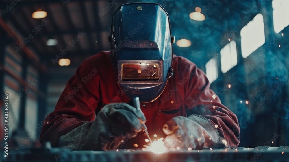 Poster a man in a red jacket is working on a piece of metal with a welding torch