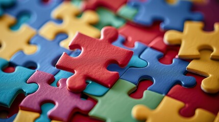 Fototapeta premium Close-up of Red Puzzle Piece in Colorful Jigsaw