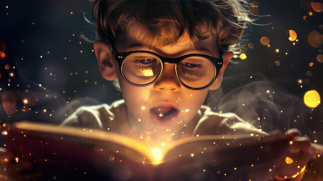 Young child reading a magical book with glowing lights