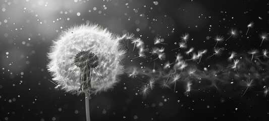 Black and White photo of a dandelion in the wind. High detail.