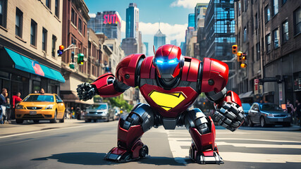 Obraz premium Red big robot attack in the city. Generative AI