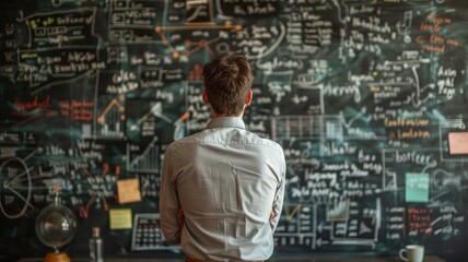 The thinking process of a genius. The man is standing with his back. Computational processes.