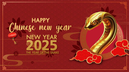 Happy chinese new year 2025, the year of the snake, red and gold color background.