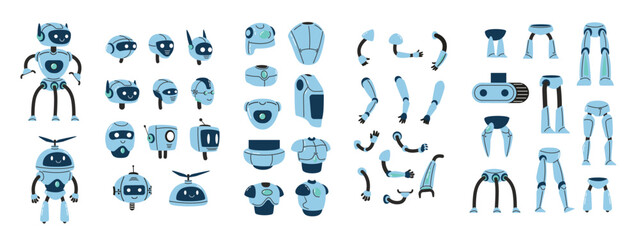 Robot constructor components. Bot creation kit of modular robot parts including heads, arms, legs and bodies for android character design. Isolated vector set.
