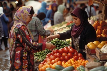 A Vibrant Marketplace: Women Selecting Fresh Produce Amidst a Bustling Crowd