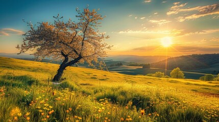 Picturesque spring meadows in full bloom under the warm sun, a beautiful scene of nature s splendor