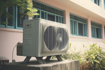 Air conditioning unit outside a school building, showing the importance of a comfortable and fresh learning environment for stud  Generative Ai,