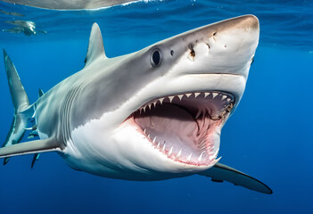 Naklejka premium Great white shark in deep blue water.