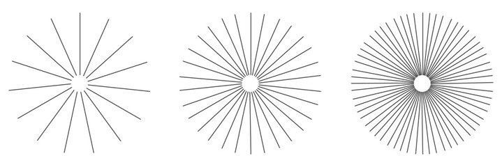 Radial circle lines. Circular radiating lines geometric element. Sun star rays symbol. Abstract geometric shapes. Design element. Sunburst element. Radial stripes background. on white background eps10