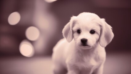 A small white puppy is standing in front of a blurred background, AI