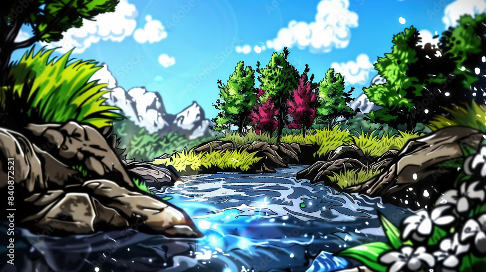 Wall mural Cartoon background, forest with a river in the centre, bright colours, blue sky, green grass on both sides, white flowers, small rocks around the water, some trees 
