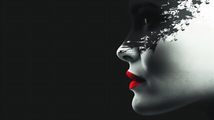 A woman's face with red lipstick, half of her head covered in black and white paint splashes against a dark background in the style of minimalistic movie poster 