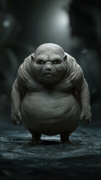 A large ugly creature with big eyes and a dark background, AI