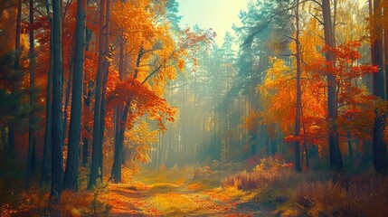 Colorful autumn deciduous forest in bright sunlight with meticulously detailed trees
