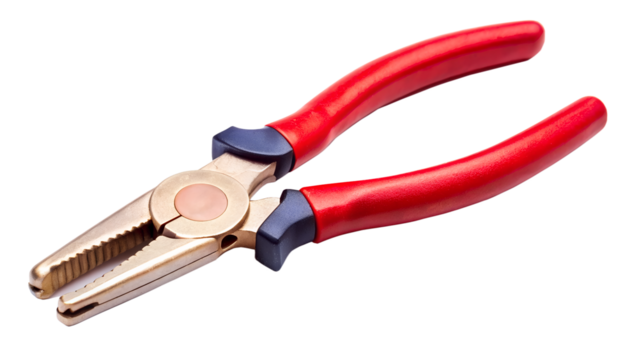 a pair of pliers with red and blue handles. The pliers are closed and positioned diagonally against a white background