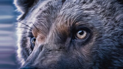 A close up of a bear's face with dark eyes, AI