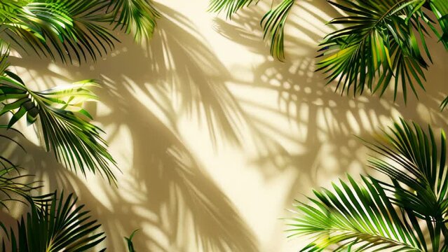 trendy summer Bali style floral pattern yellow background with copyspace , colorful leaves palm shape art wallpaper, Summer colors botanical tropical leaves ,sun light and shadows, green leaves 