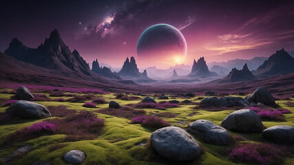 Framed poster A landscape of a distant mysterious planet with purple skies