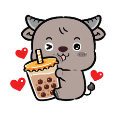 Cute Carabao Hugging Boba Milk Tea. Kawaii Style Cartoon