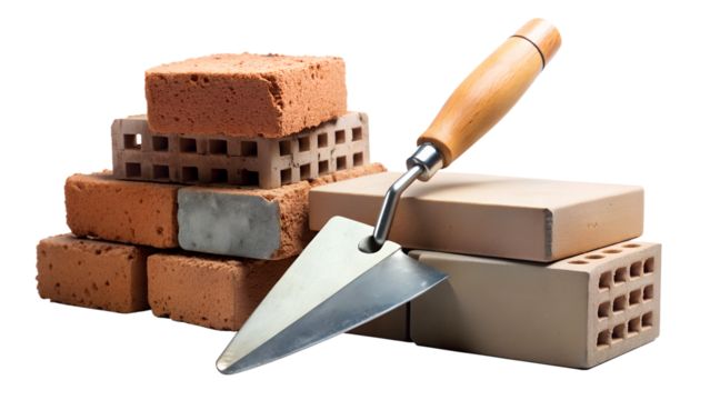 a stack of six bricks with a trowel resting on top. There are three red bricks with holes in the center, arranged in a pyramid shape, and three solid beige bricks placed horizontally beneath them