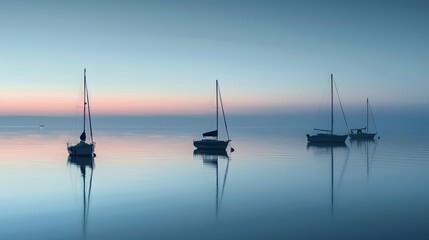 Immerse yourself in the serenity of a minimalist seascape, where silhouettes of boats cut against the horizon. This image evokes the tranquility and harmony of the sea