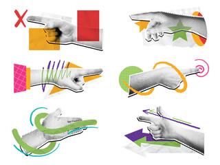 Halftone pointing hand collage. Mixed media direction hand gestures, pop art arrow pointing finger scrapbooking style compositions vector set.
